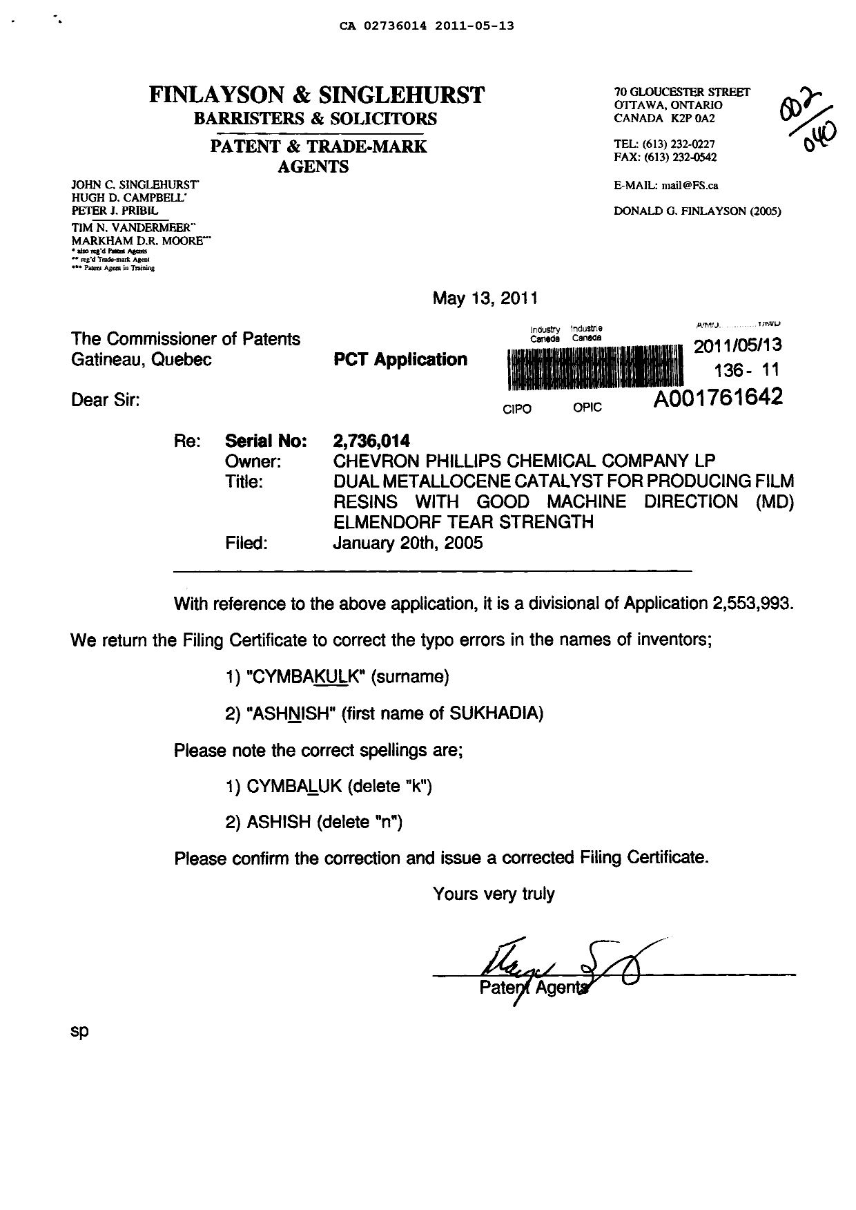 Canadian Patent Document 2736014. Correspondence 20110513. Image 1 of 2