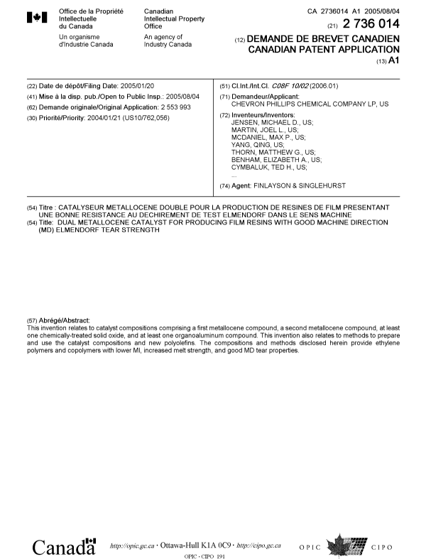 Document de brevet canadien 2736014. Page couverture 20110617. Image 1 de 2