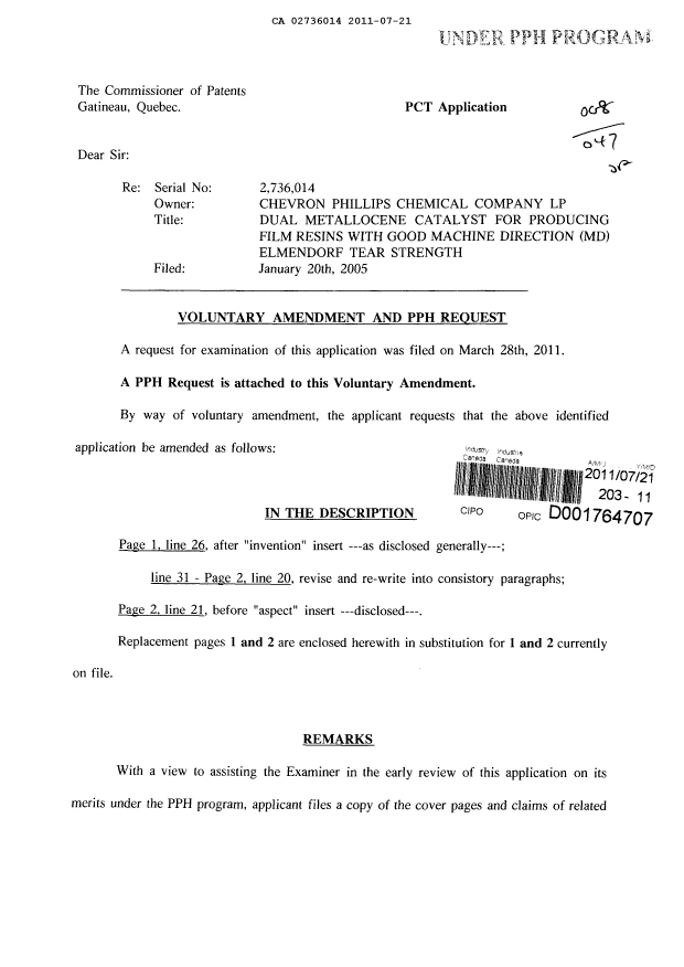 Document de brevet canadien 2736014. Poursuite-Amendment 20110721. Image 1 de 6