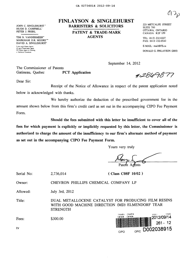 Document de brevet canadien 2736014. Correspondance 20120914. Image 1 de 1