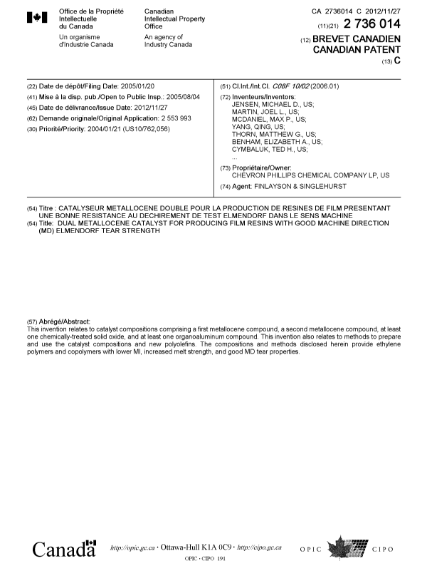 Document de brevet canadien 2736014. Page couverture 20121106. Image 1 de 2