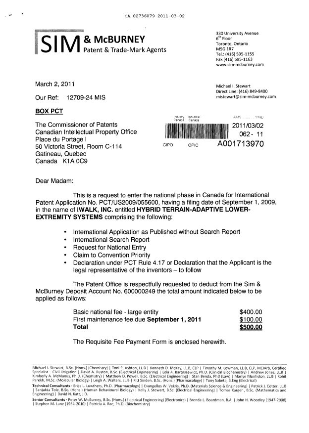 Canadian Patent Document 2736079. Assignment 20110302. Image 1 of 5