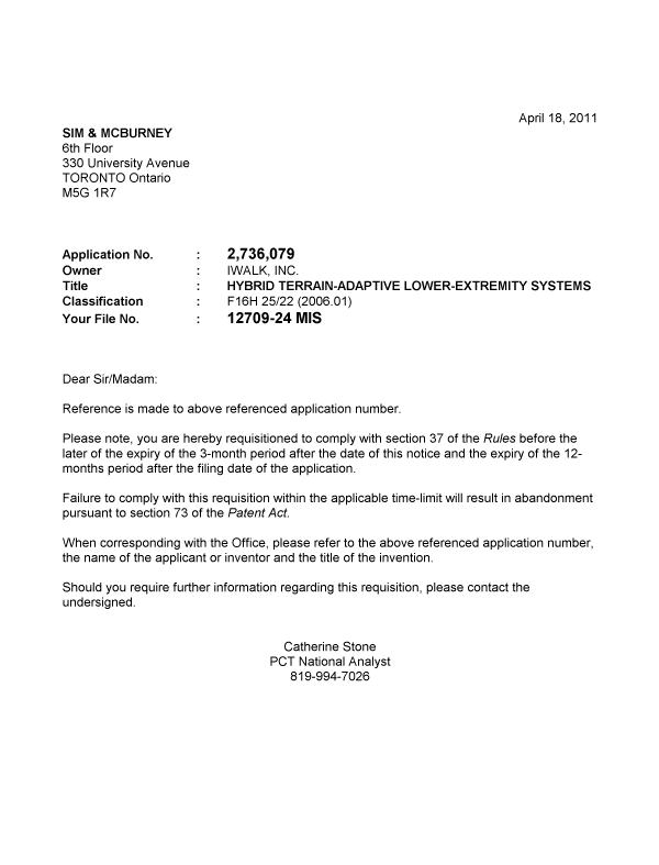 Canadian Patent Document 2736079. Correspondence 20110418. Image 1 of 1