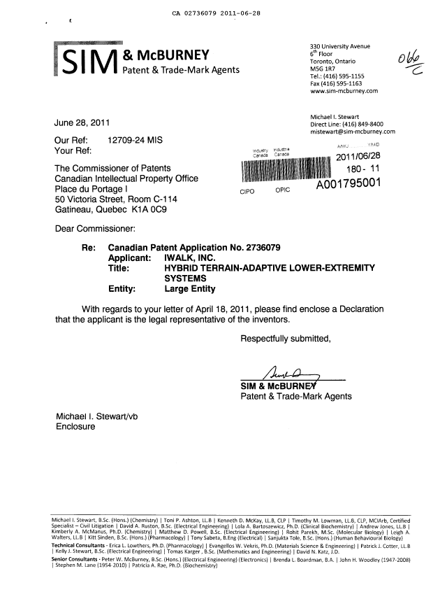 Canadian Patent Document 2736079. Correspondence 20110628. Image 1 of 2