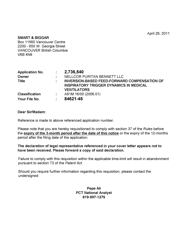 Document de brevet canadien 2736540. Correspondance 20110426. Image 1 de 1