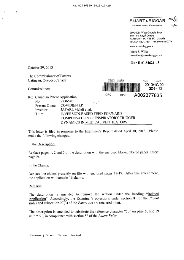 Document de brevet canadien 2736540. Poursuite-Amendment 20131029. Image 1 de 16