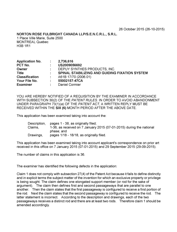 Document de brevet canadien 2736616. Demande d'examen 20151026. Image 1 de 4