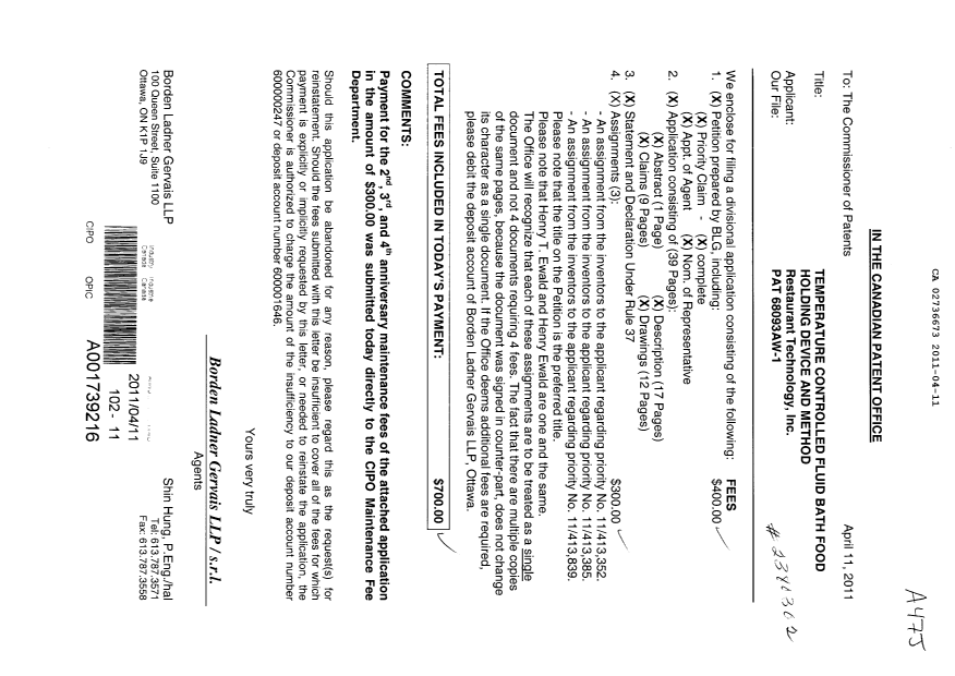 Canadian Patent Document 2736673. Assignment 20110411. Image 1 of 38