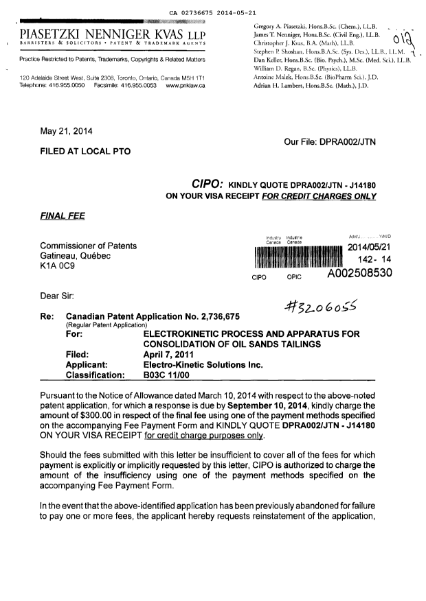 Canadian Patent Document 2736675. Correspondence 20131221. Image 1 of 2