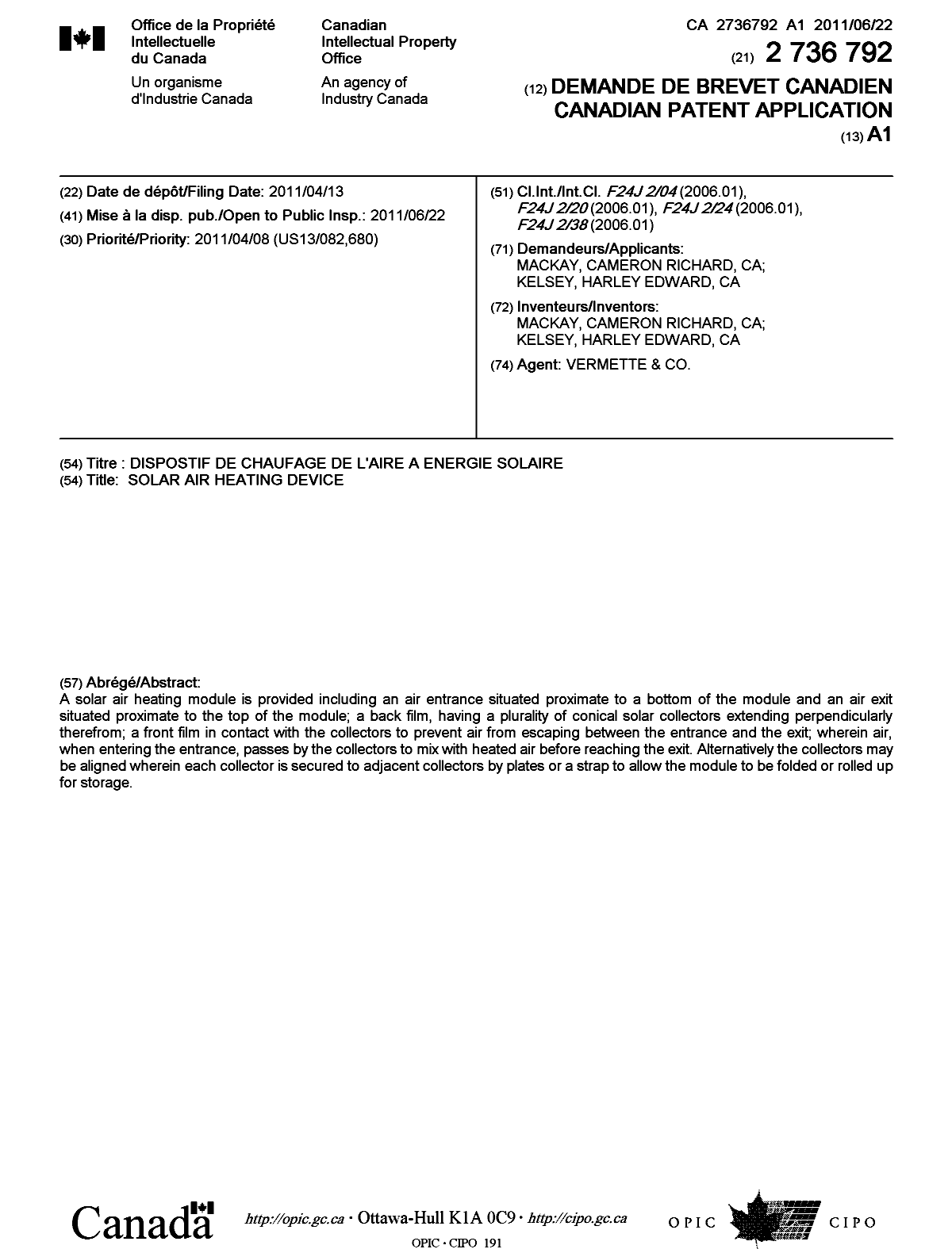 Document de brevet canadien 2736792. Page couverture 20110606. Image 1 de 1