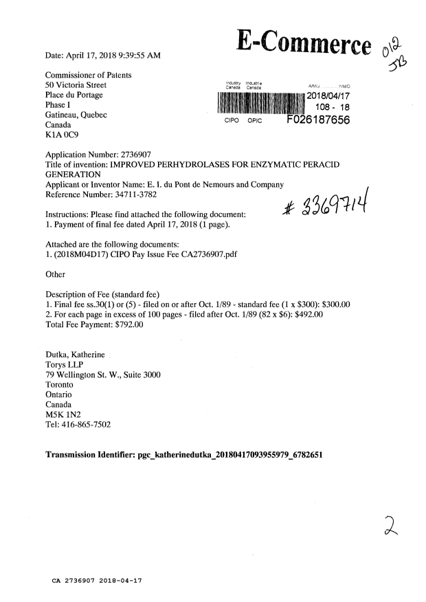 Document de brevet canadien 2736907. Taxe finale 20180417. Image 1 de 2