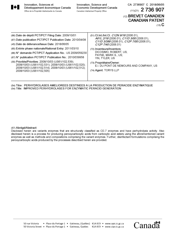 Document de brevet canadien 2736907. Page couverture 20180503. Image 1 de 1