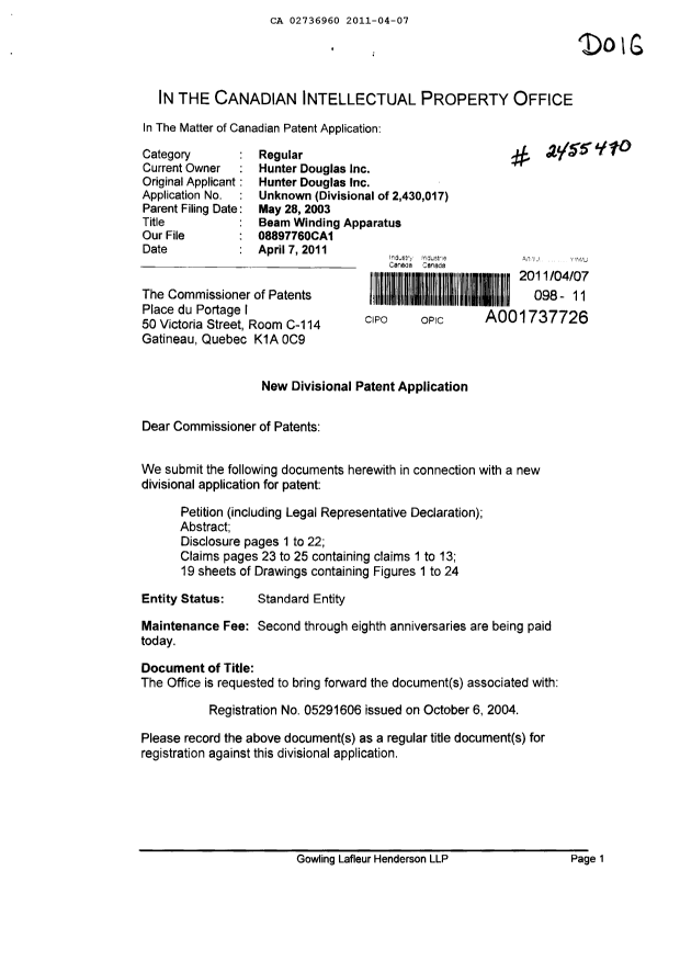 Document de brevet canadien 2736960. Cession 20110407. Image 1 de 3