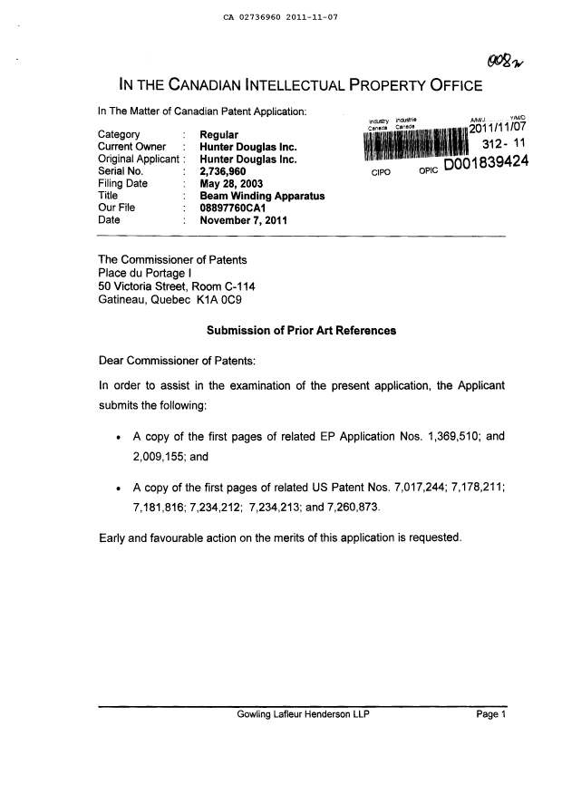 Document de brevet canadien 2736960. Poursuite-Amendment 20111107. Image 1 de 2