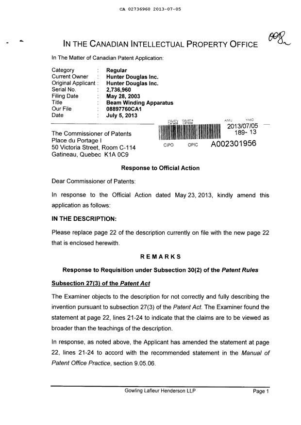 Document de brevet canadien 2736960. Poursuite-Amendment 20130705. Image 1 de 5