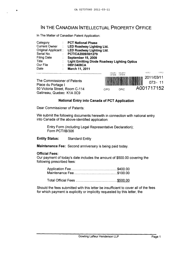 Document de brevet canadien 2737060. Cession 20110311. Image 1 de 4