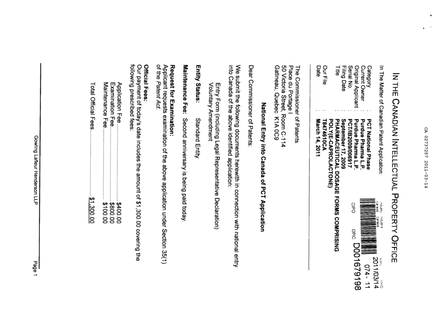 Document de brevet canadien 2737257. Cession 20110314. Image 1 de 4