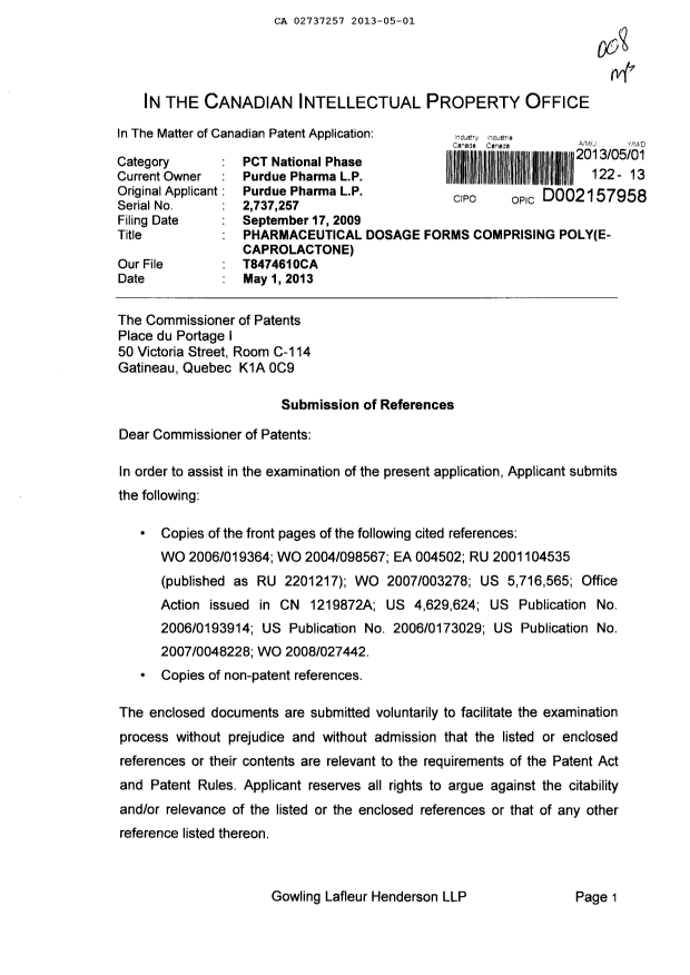 Document de brevet canadien 2737257. Poursuite-Amendment 20121201. Image 1 de 2