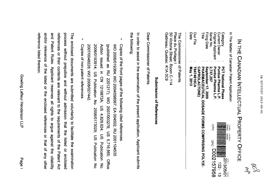 Document de brevet canadien 2737257. Poursuite-Amendment 20121201. Image 1 de 2