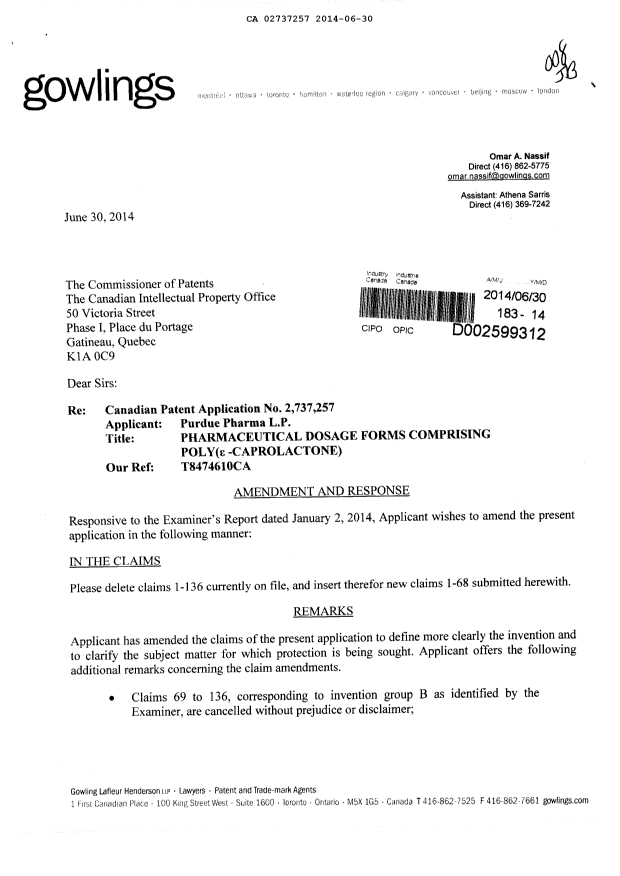 Canadian Patent Document 2737257. Prosecution-Amendment 20131230. Image 1 of 14