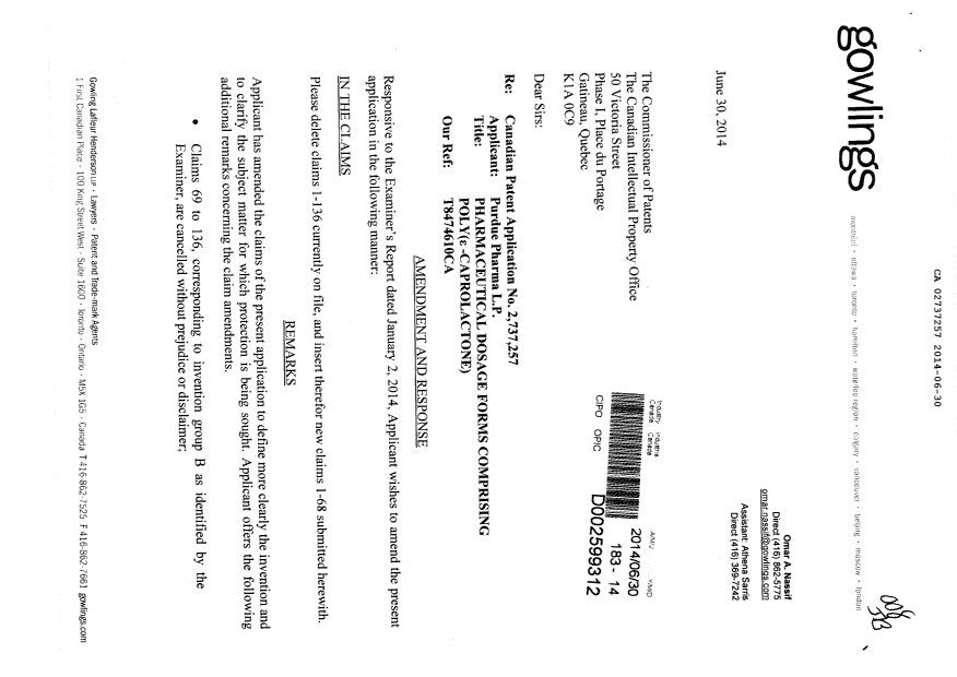 Document de brevet canadien 2737257. Poursuite-Amendment 20140630. Image 1 de 14