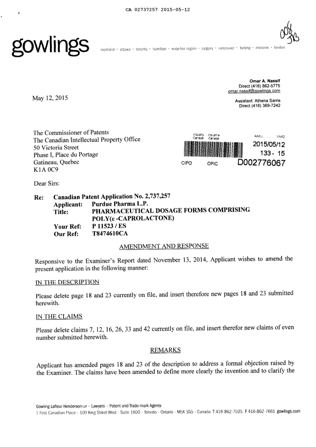 Canadian Patent Document 2737257. Prosecution-Amendment 20141212. Image 1 of 9