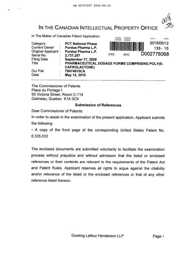 Canadian Patent Document 2737257. Prosecution-Amendment 20141212. Image 1 of 2