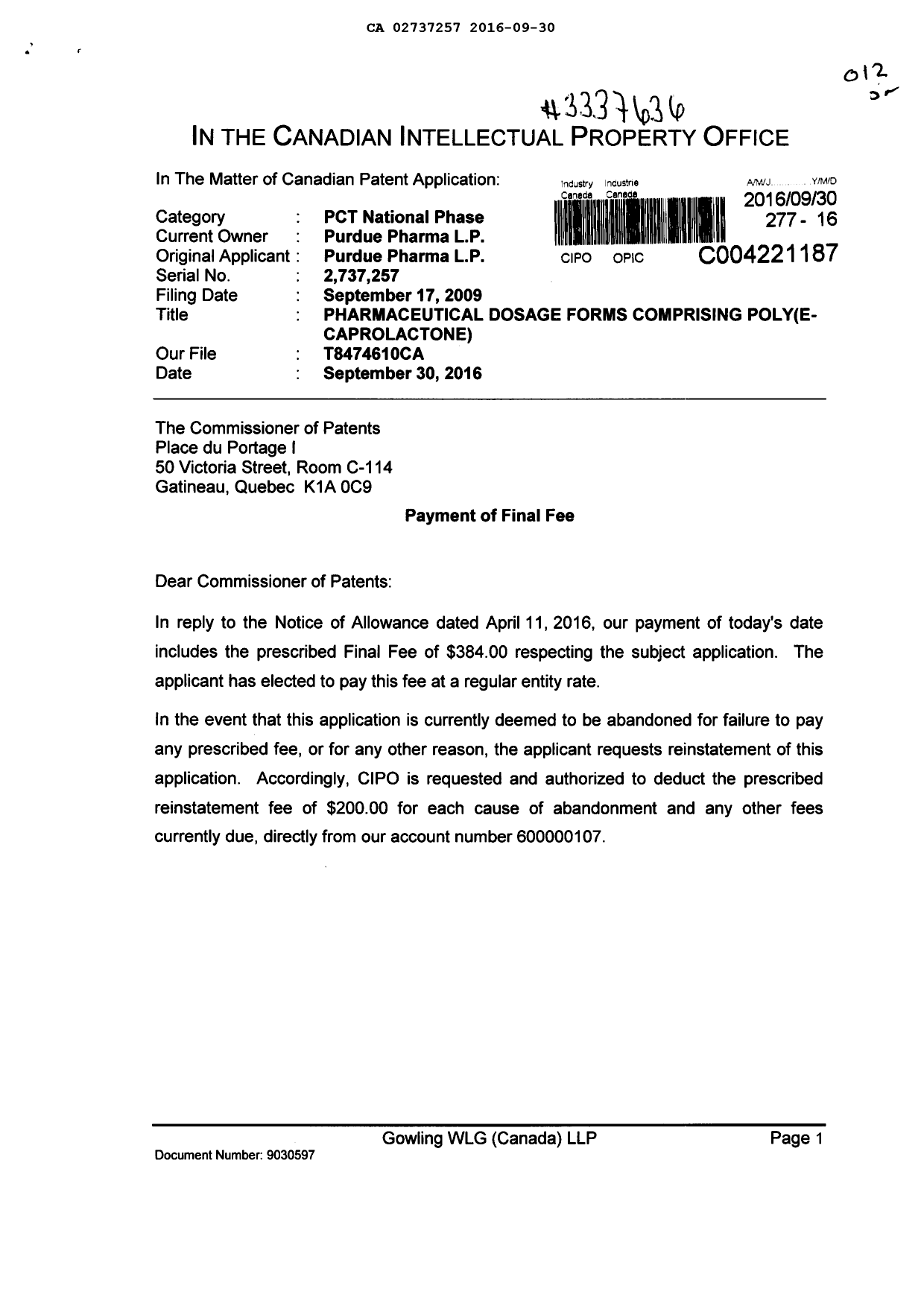 Document de brevet canadien 2737257. Taxe finale 20160930. Image 1 de 2