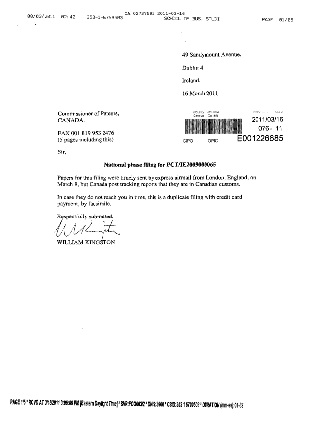 Document de brevet canadien 2737592. Cession 20110316. Image 1 de 3