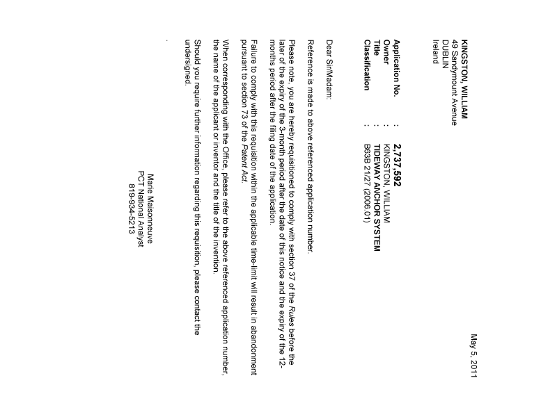 Canadian Patent Document 2737592. Correspondence 20110505. Image 1 of 1