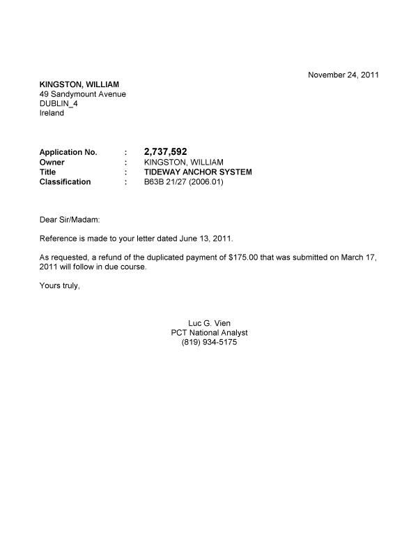Canadian Patent Document 2737592. Correspondence 20111124. Image 1 of 1