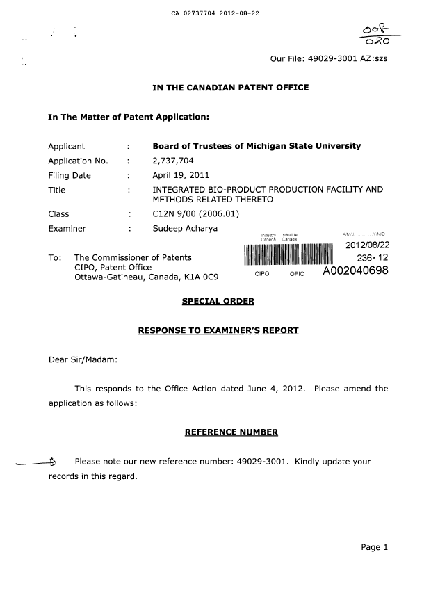 Document de brevet canadien 2737704. Correspondance 20111222. Image 1 de 8