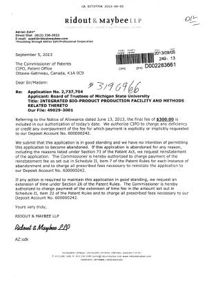 Document de brevet canadien 2737704. Correspondance 20121205. Image 1 de 1