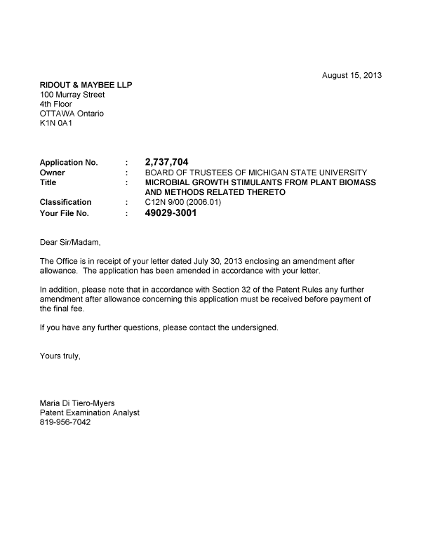 Document de brevet canadien 2737704. Correspondance 20121215. Image 1 de 1