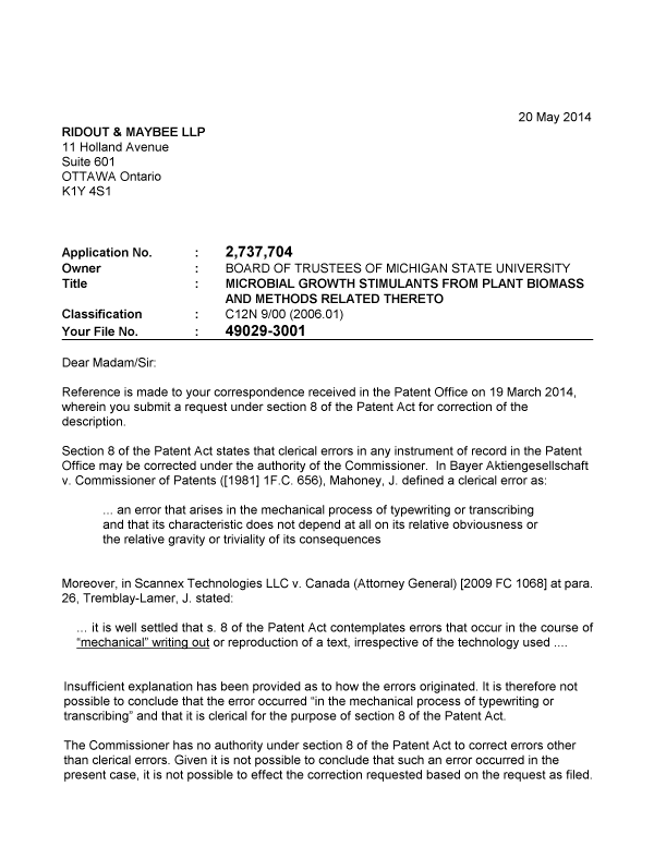 Canadian Patent Document 2737704. Correspondence 20131220. Image 1 of 2