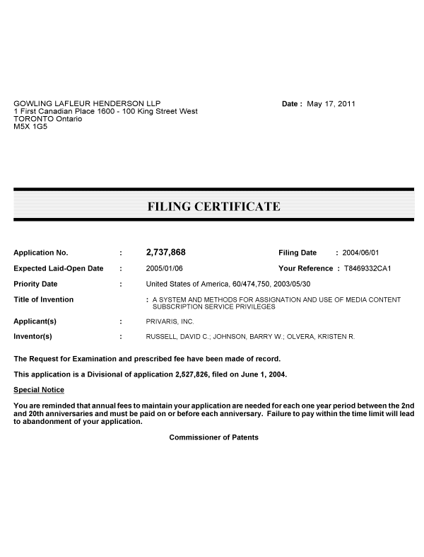 Canadian Patent Document 2737868. Correspondence 20110509. Image 1 of 1