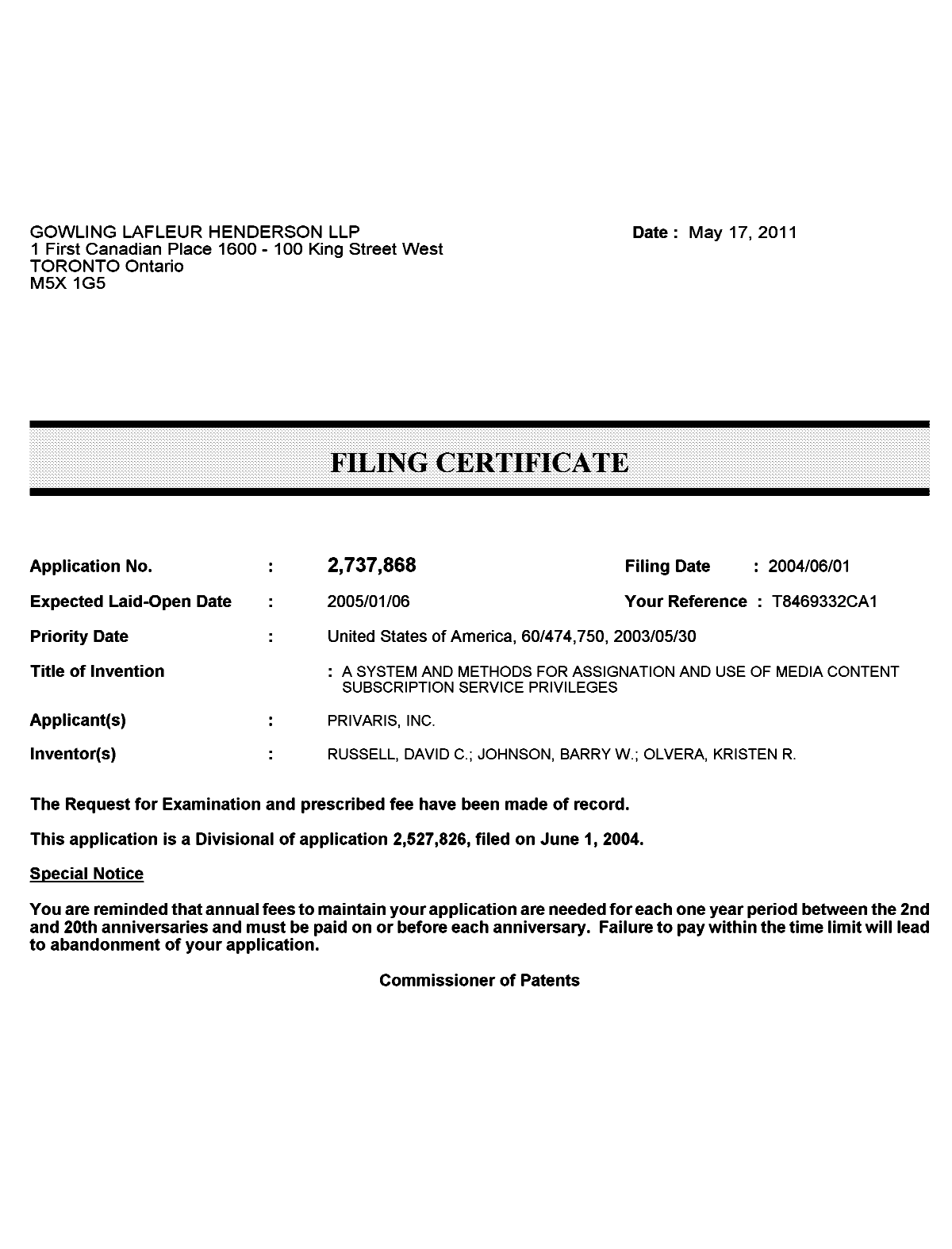 Document de brevet canadien 2737868. Correspondance 20110509. Image 1 de 1