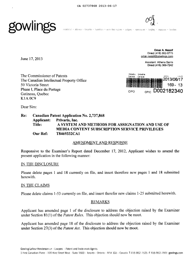 Document de brevet canadien 2737868. Poursuite-Amendment 20130617. Image 1 de 10