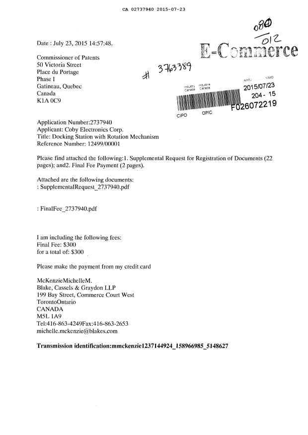 Document de brevet canadien 2737940. Cession 20150723. Image 1 de 23