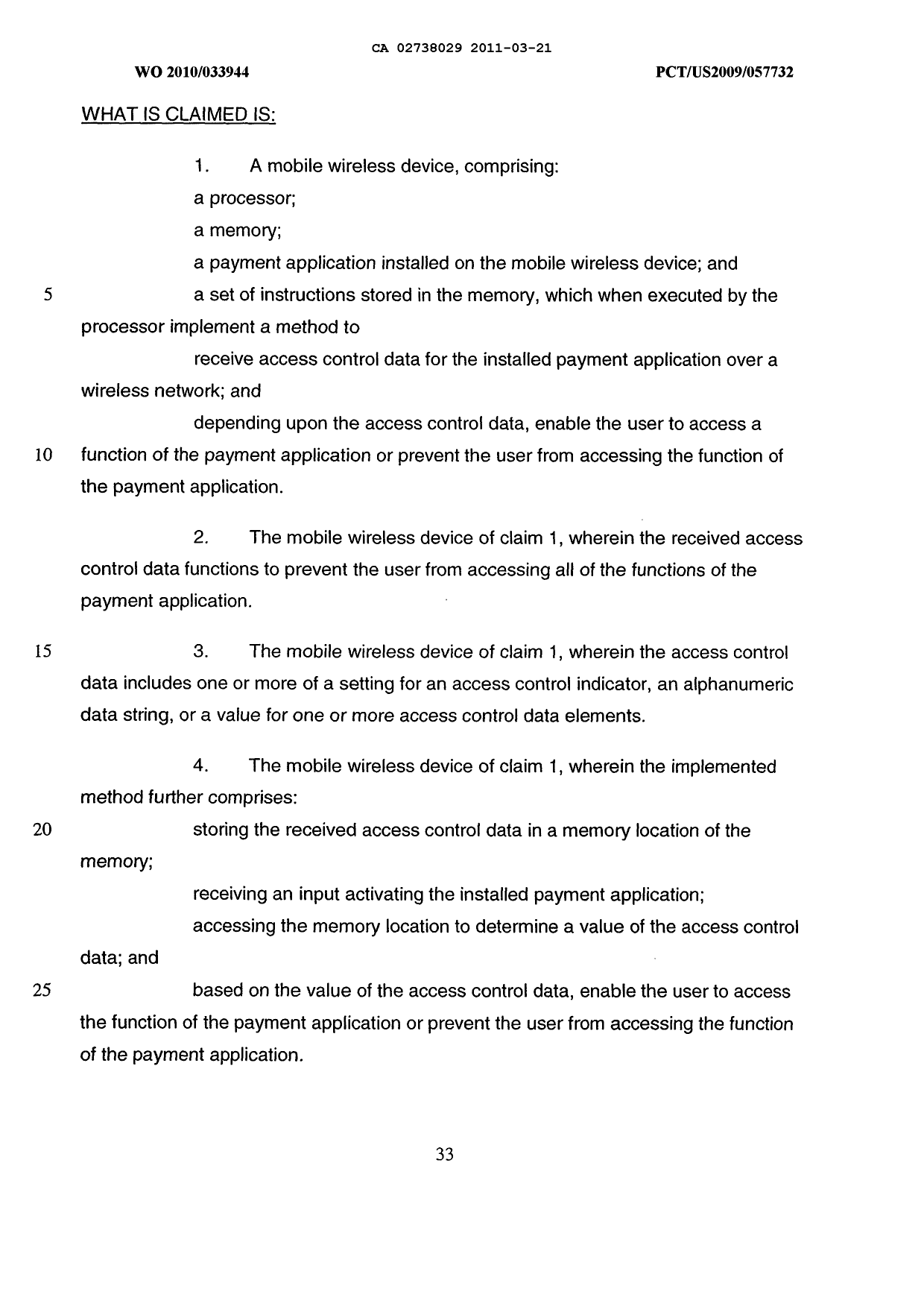 Document de brevet canadien 2738029. Revendications 20110321. Image 1 de 6