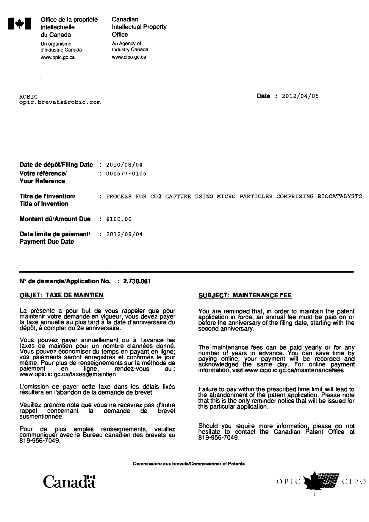 Document de brevet canadien 2738061. Correspondance 20111205. Image 1 de 1