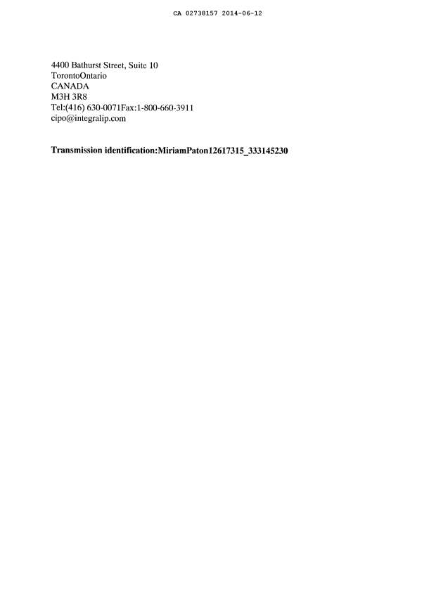 Document de brevet canadien 2738157. Correspondance 20140612. Image 2 de 15