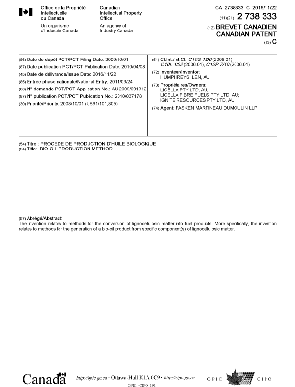 Document de brevet canadien 2738333. Page couverture 20151208. Image 1 de 1