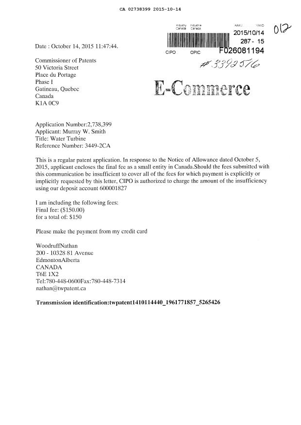 Document de brevet canadien 2738399. Correspondance 20141214. Image 1 de 1