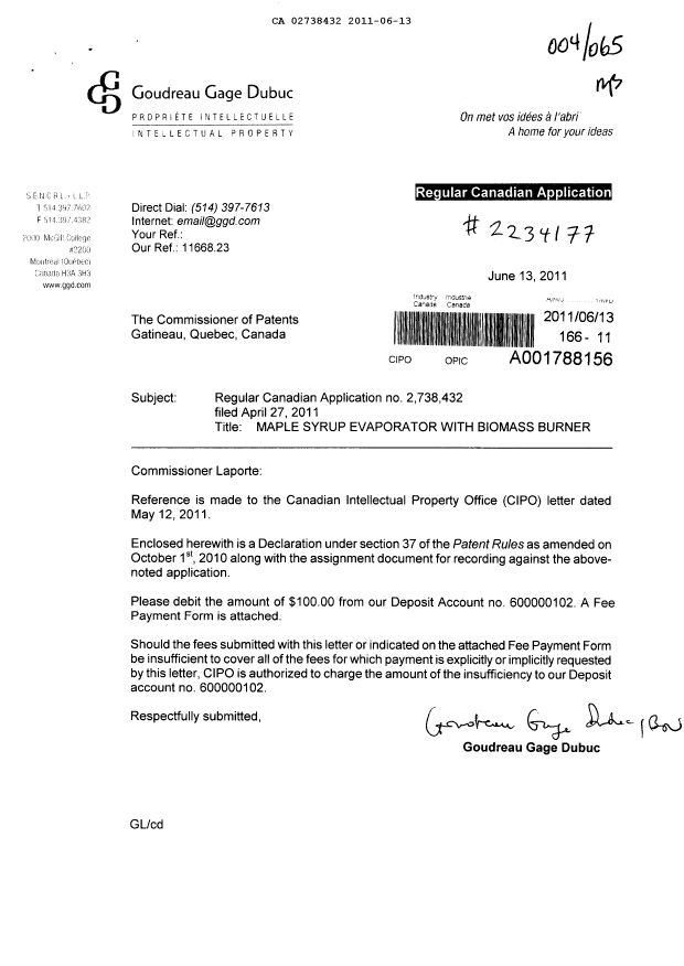 Canadian Patent Document 2738432. Correspondence 20101213. Image 1 of 2