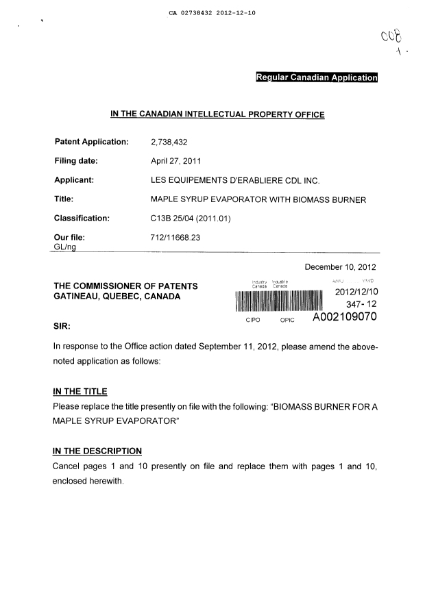 Document de brevet canadien 2738432. Poursuite-Amendment 20111210. Image 1 de 5
