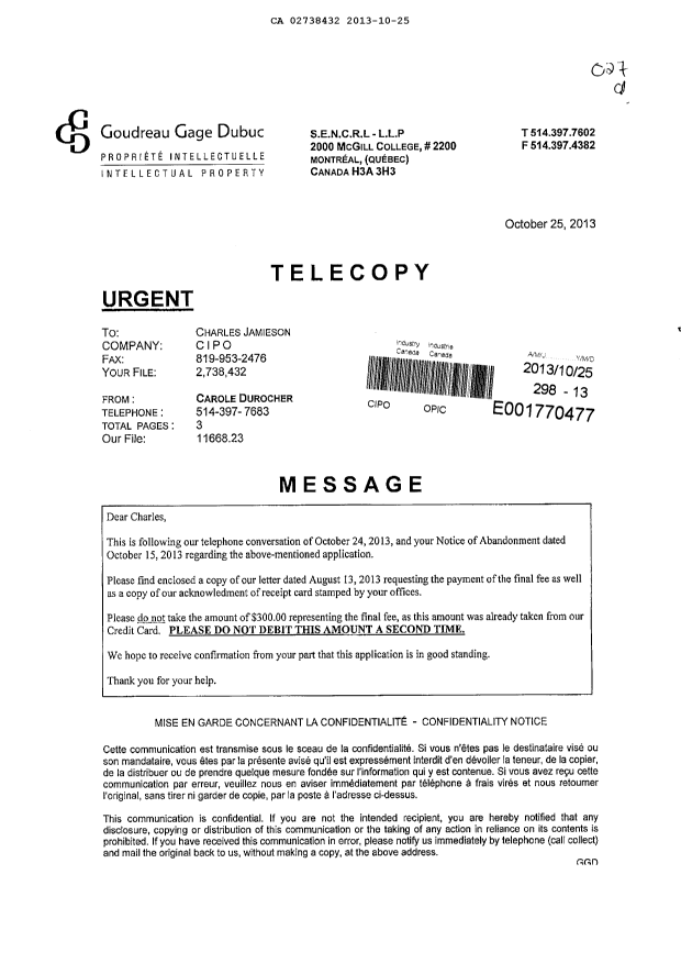 Document de brevet canadien 2738432. Poursuite-Amendment 20121225. Image 1 de 3