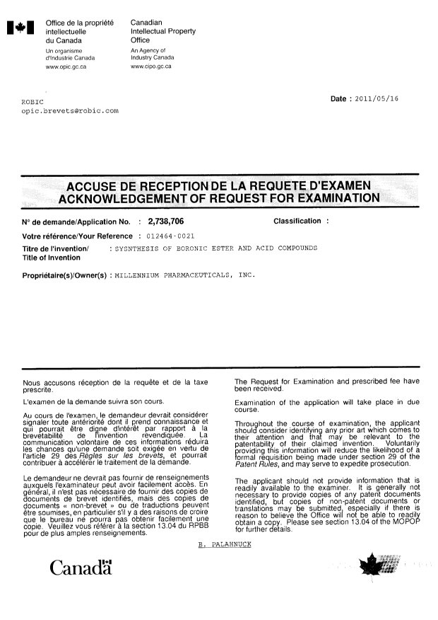 Document de brevet canadien 2738706. Correspondance 20110516. Image 1 de 1