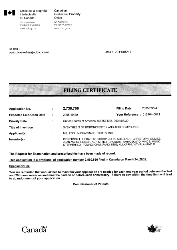 Document de brevet canadien 2738706. Correspondance 20110517. Image 1 de 1