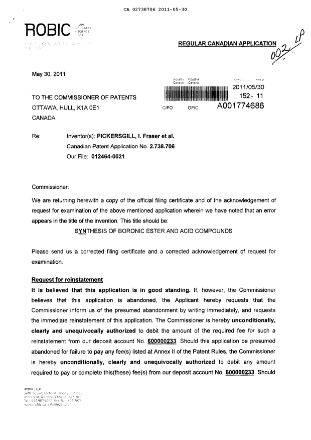 Document de brevet canadien 2738706. Correspondance 20110530. Image 1 de 4